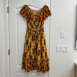 Ash & Eden Mara Midi Dress in Yellow with Peacock Print - NWT - Size Small